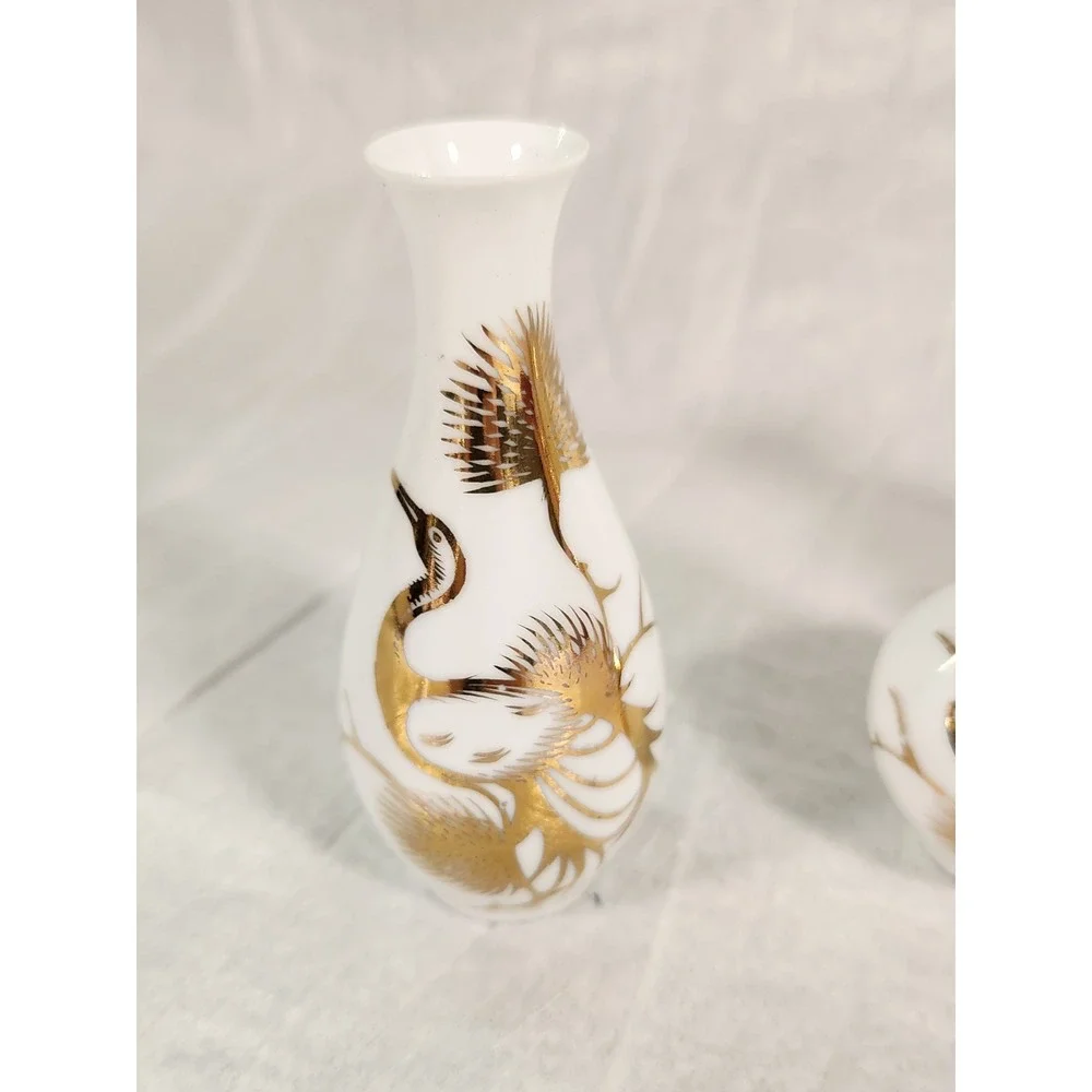 Vintage Jingdezhen Chinese Miniature Porcelain Bud Vase Set 5pc Gold Crane Box